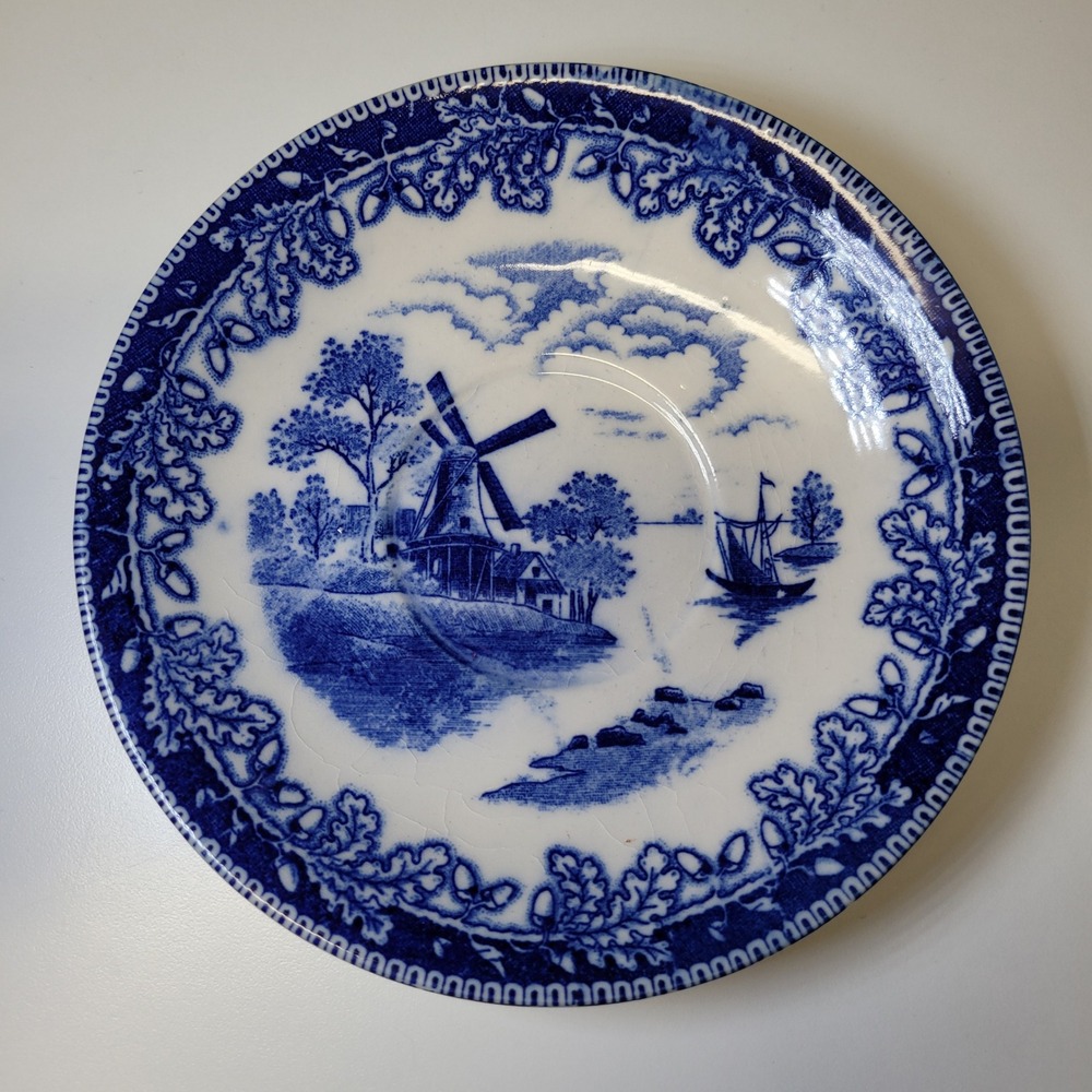 Vintage Blue White Japanese Porcelain Plate Scenic Windmill Boat Scenery